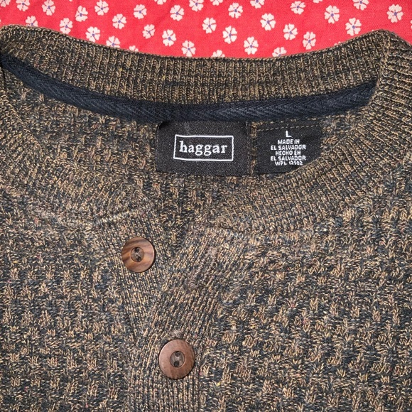 Haggar Brown knit Sweater heather cotton brown black large button - Picture 4 of 6